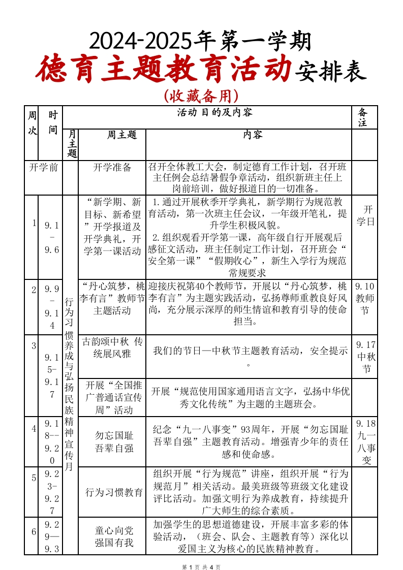 2024-2025年上学期德育主题教育活动安排表(48)(1)-教务文库