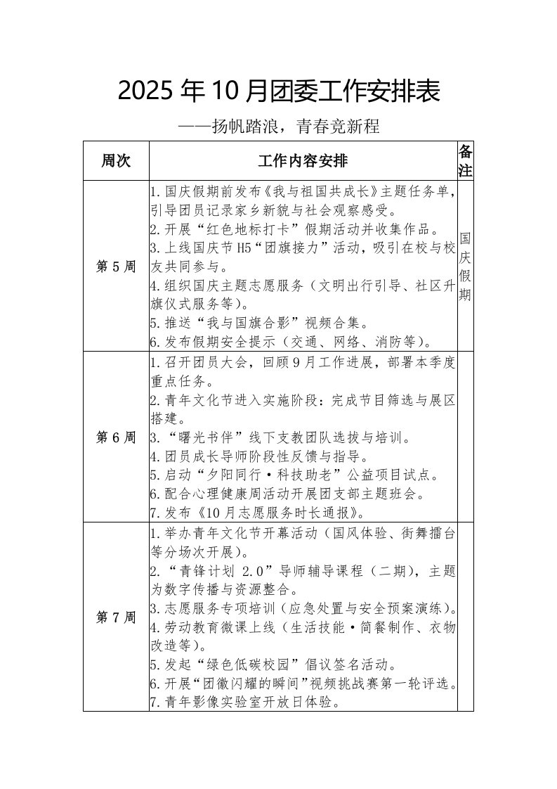 2025-2026年秋季10月团委工作安排表——扬帆踏浪，青春竞新程-教务文库