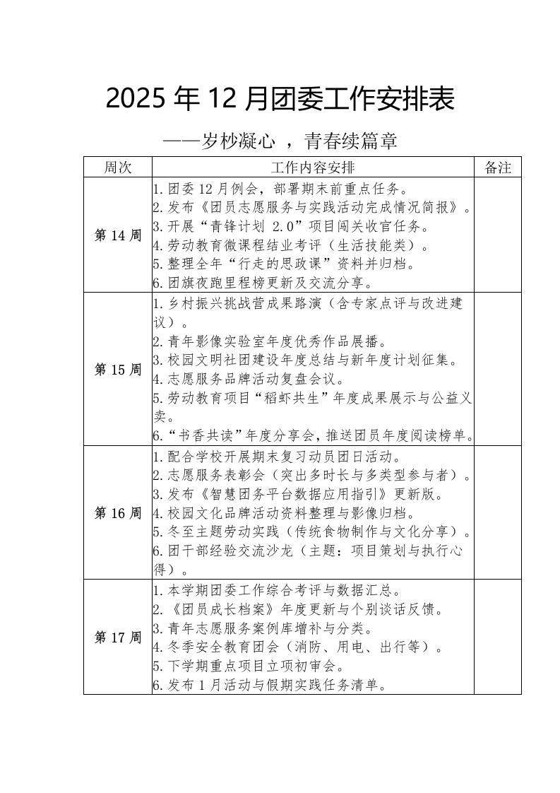 2025-2026年秋季12月团委工作安排表——岁杪凝心，青春续篇章-教务文库