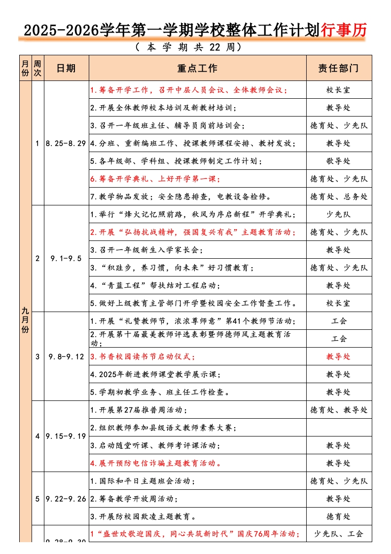 2025-2026秋季学年第一学期学校工作行事历22周-教务文库