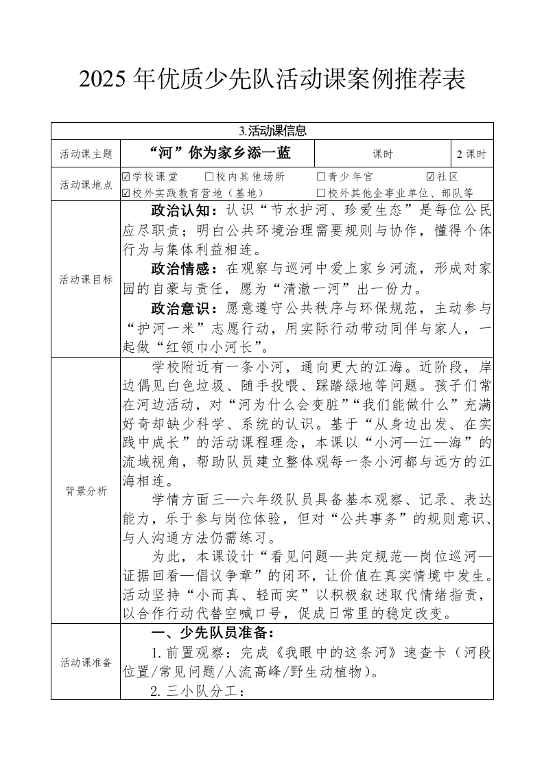 2025年优质少先队活动课案例推荐表.docx“河”你为家乡添一蓝-教务文库