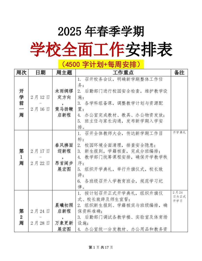 2025年春季学期学校工作安排-教务文库