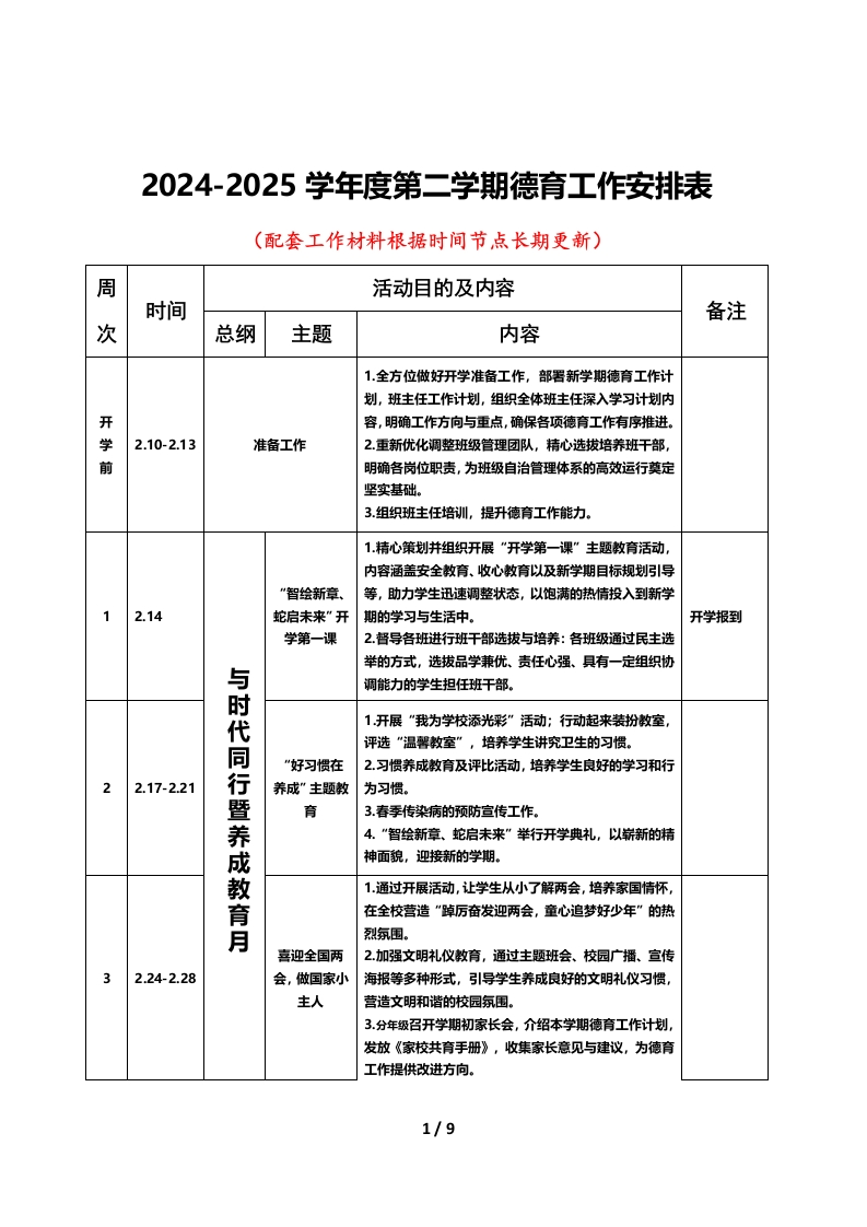2025年春季学期学校德育工作计划安排表（完整版）-教务文库