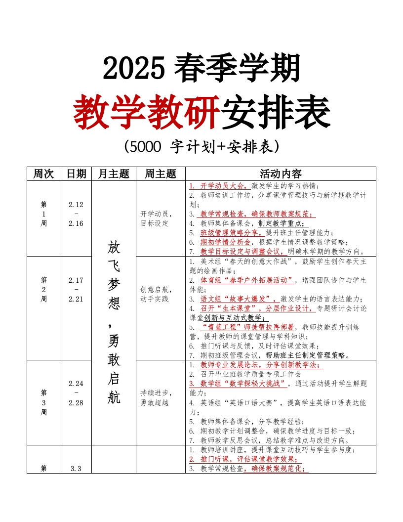 2025年春季学期教导处工作安排表