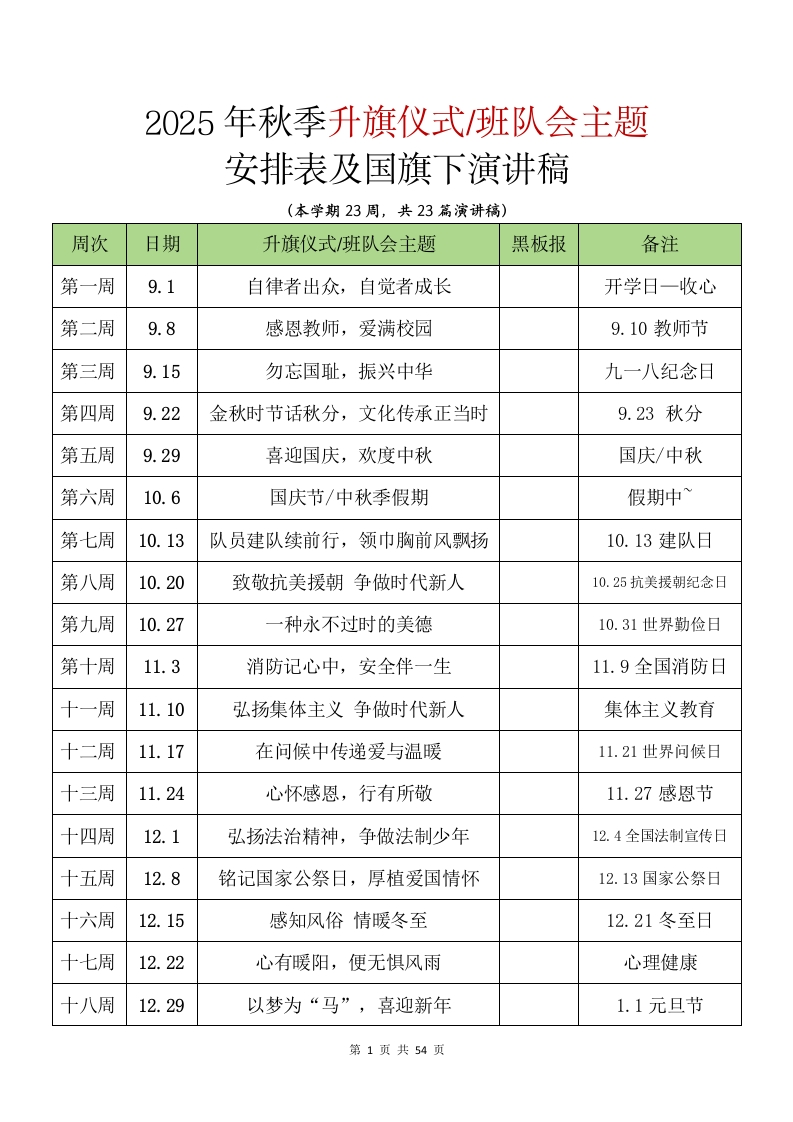 2025年秋季学期升旗仪式安排表及演讲稿-教务文库