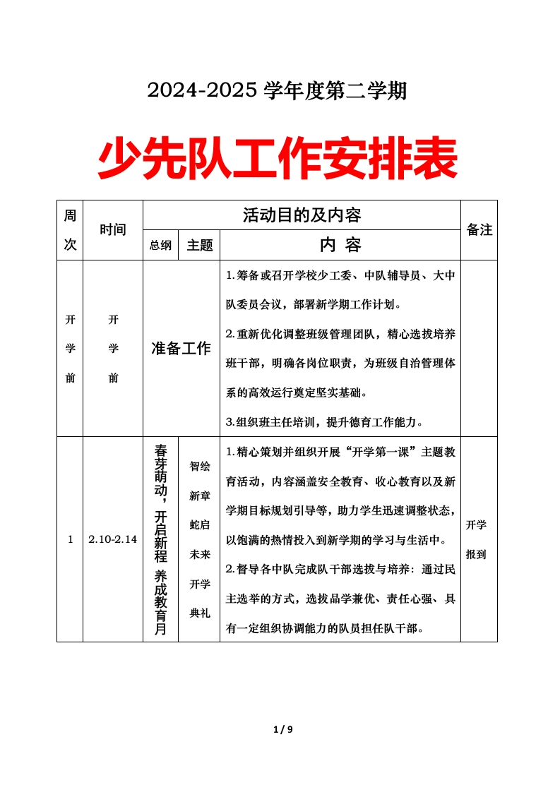 2025春季学期少先队工作安排表-教务文库