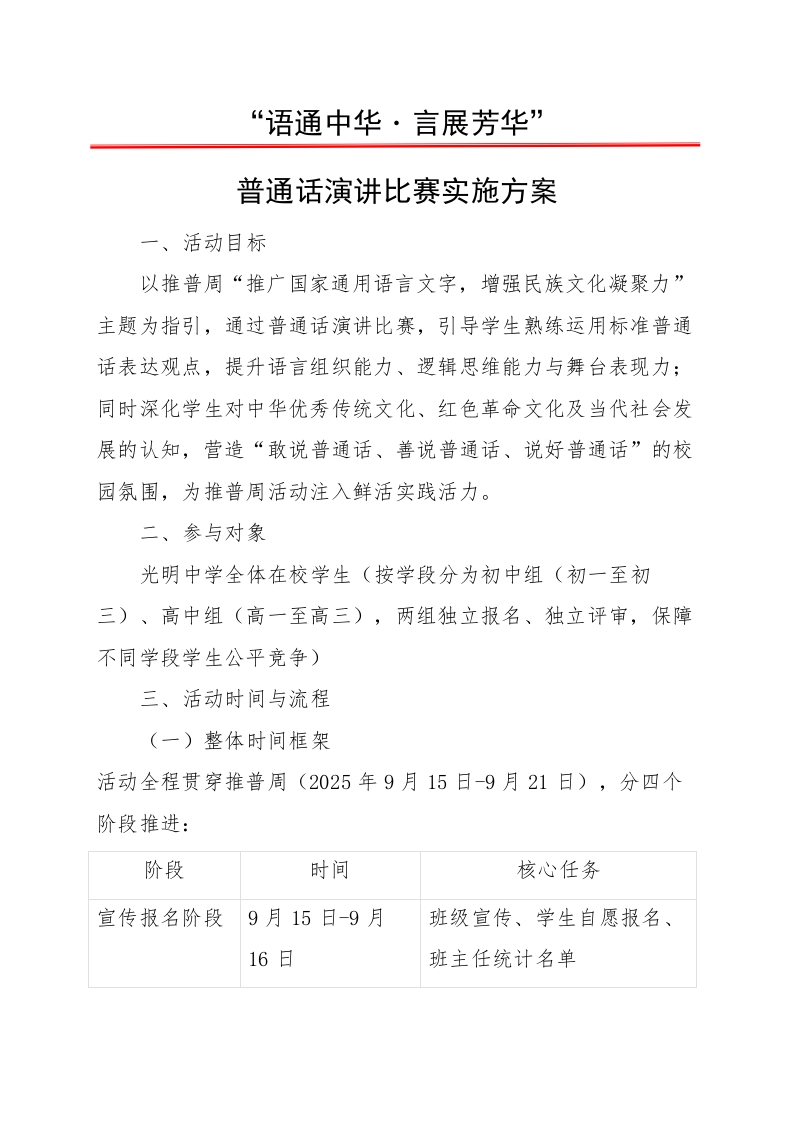 2025第28届推广普通话演讲比赛实施方案（中学）：语通中华，言展芳华-教务文库