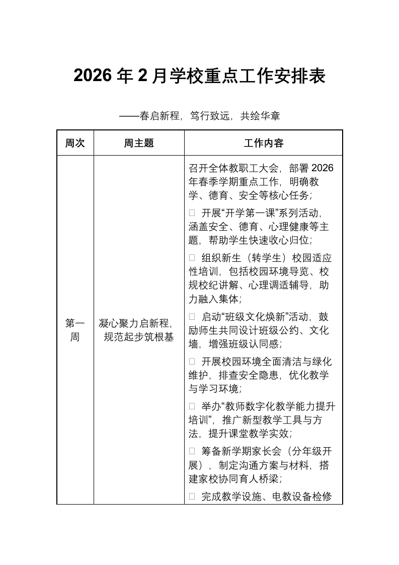 2026年2月学校重点工作安排表-教务文库