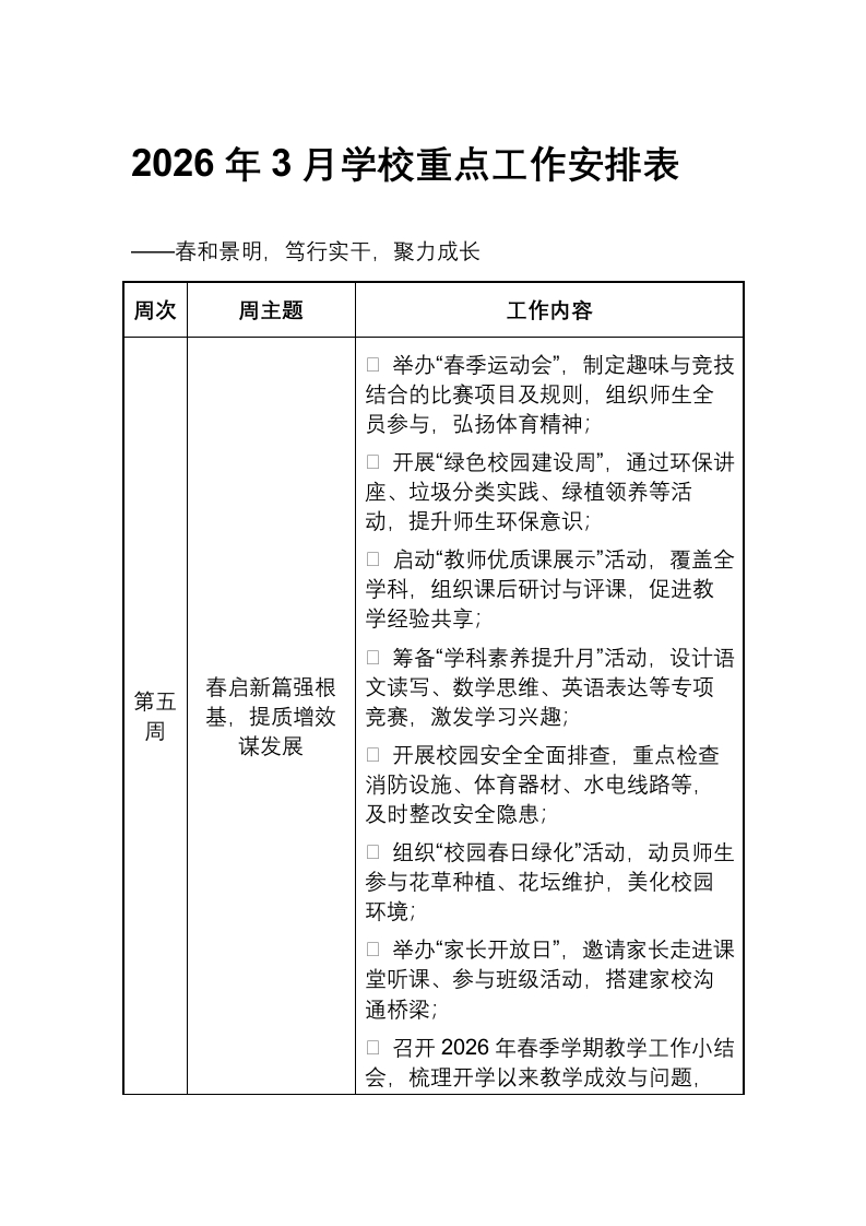 2026年3月学校重点工作安排表-教务文库