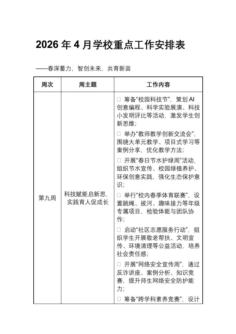 2026年4月学校重点工作安排表-教务文库