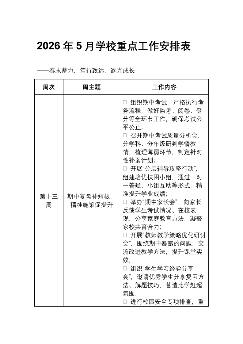 2026年5月学校重点工作安排表-教务文库