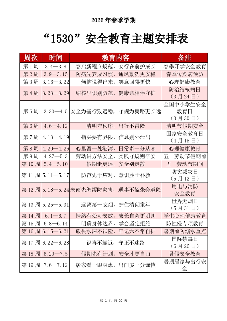 2026年春季学期“1530”安全教育主题安排表-教务文库