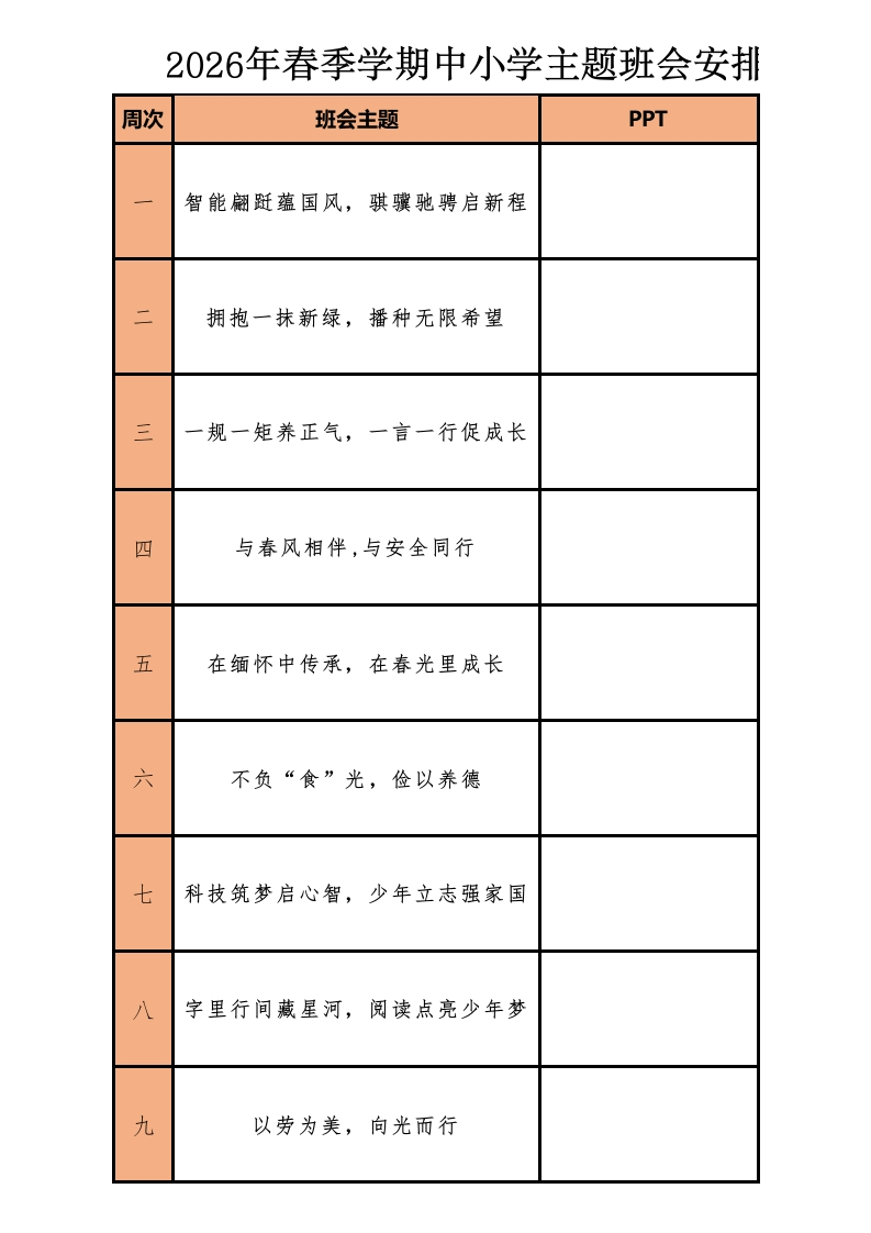 2026年春季学期主题班会教安排表及PPT-教务文库