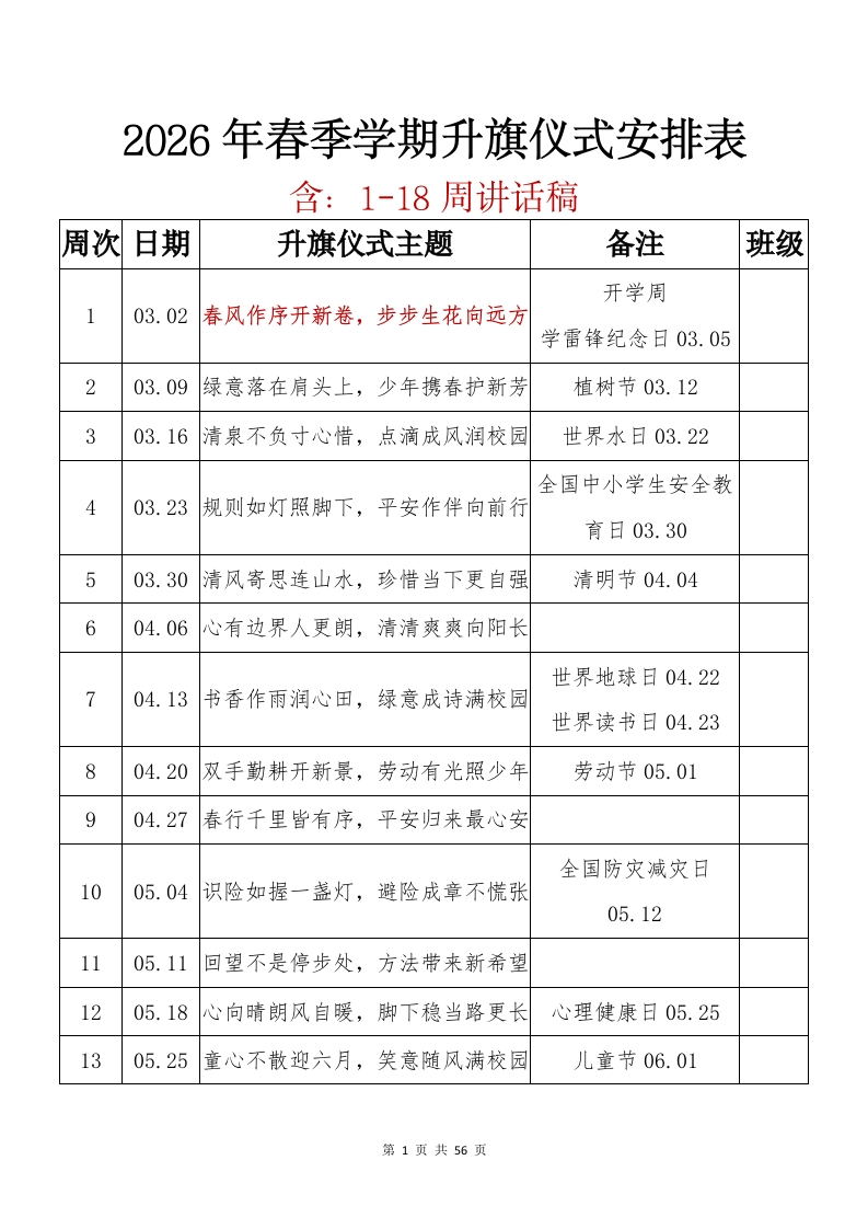 2026年春季学期升旗仪式安排表及讲话稿(1)-教务文库