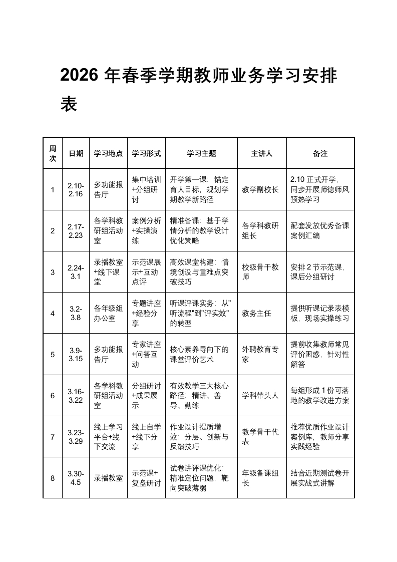 2026年春季学期教师业务学习安排表-教务文库