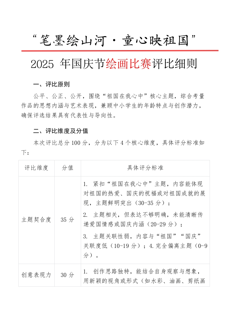 “笔墨绘山河・童心映祖国”——2025年国庆节绘画比赛评比细则-教务文库