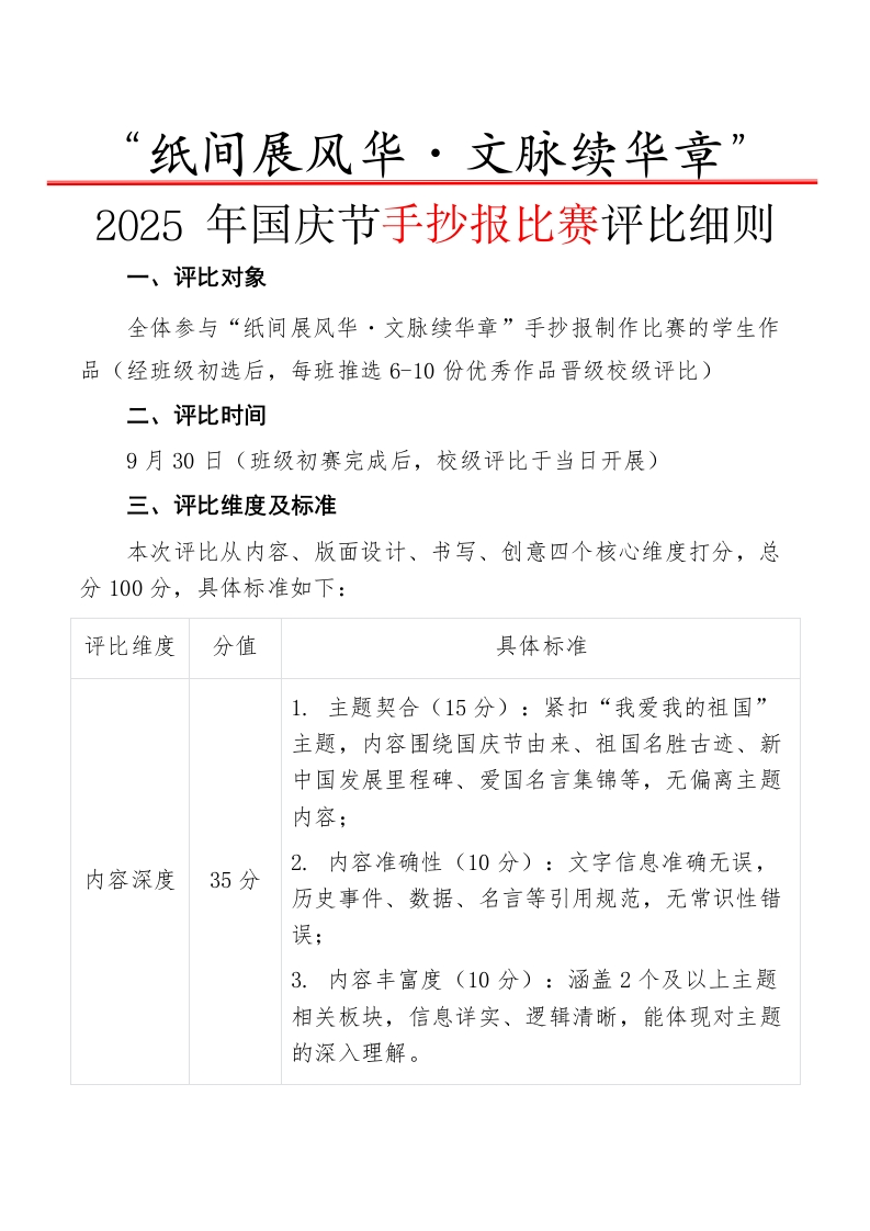 “纸间展风华・文脉续华章”——2025年国庆节手抄报比赛评比细则-教务文库