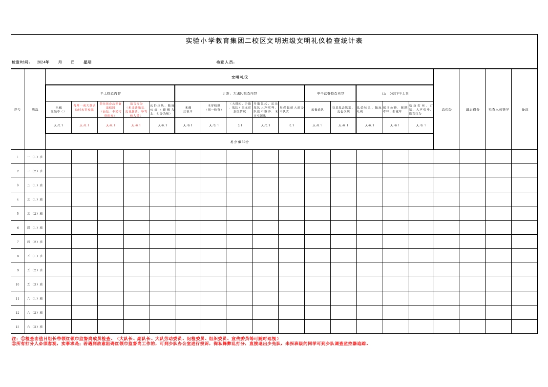 文明班级文明礼仪检查统计表(每周打印)-教务文库