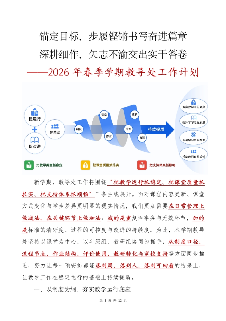 锚定目标，步履铿锵书写奋进篇章，深耕细作，矢志不渝交出实干答卷——2026年春季学期教导处工作计划-教务文库